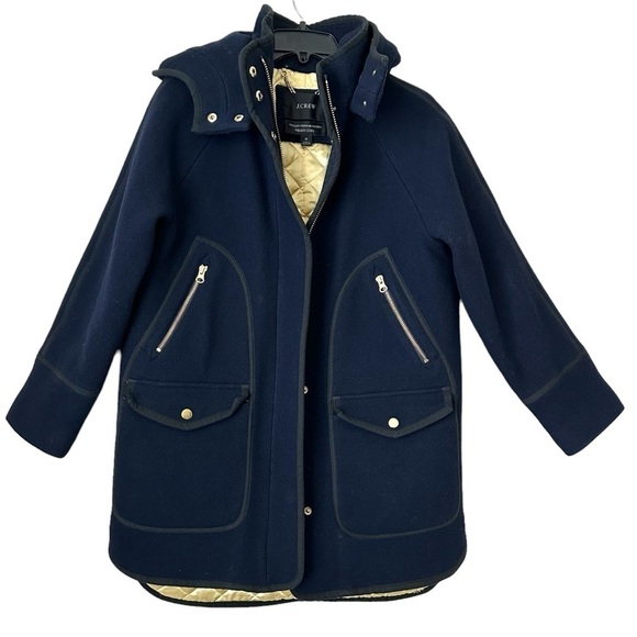 J. Crew Summit Parka Coat Italian Stadium Cloth Wool in Navy Gold Trim size 0 - Picture 4 of 14